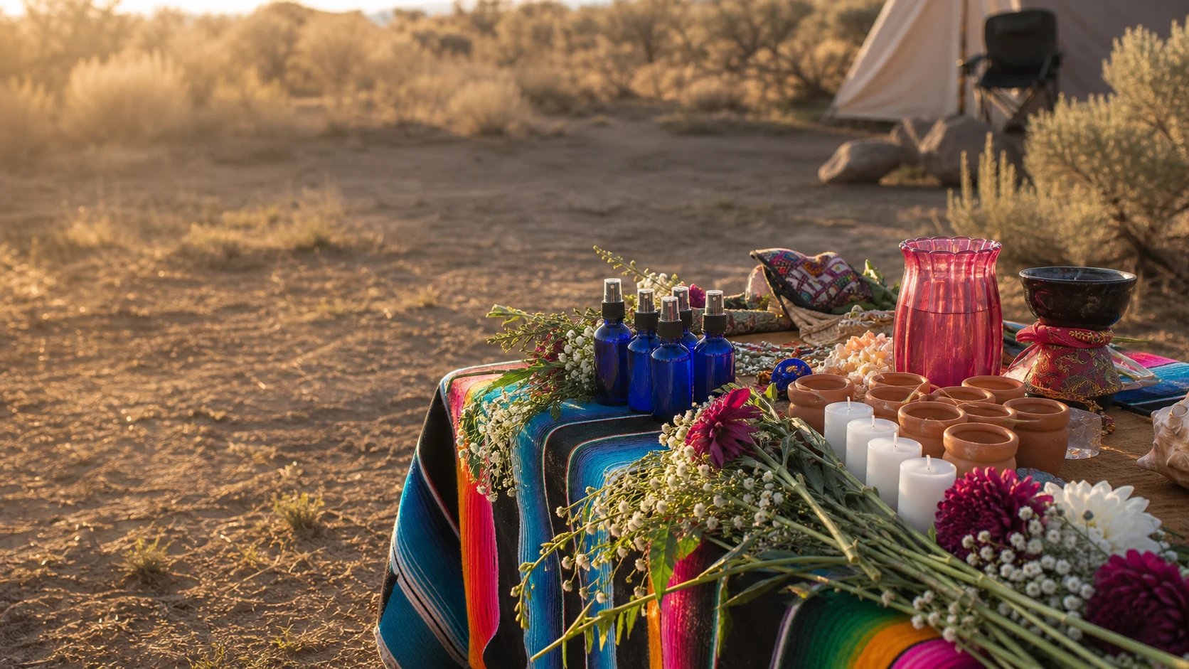 A warm ceremonial table with flowers, candles, and spiritual objects inspired by Jacquie’s retreat materials.